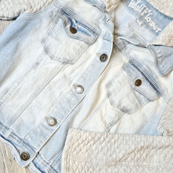 Women's Trucker Jacket Jean Jacket Denim Quilted Jersey Hooded Fitted Size L Jun - Picture 6 of 8